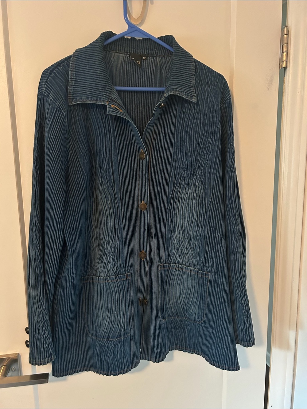 Textured Blue Button-Front Women's Jean Jacket